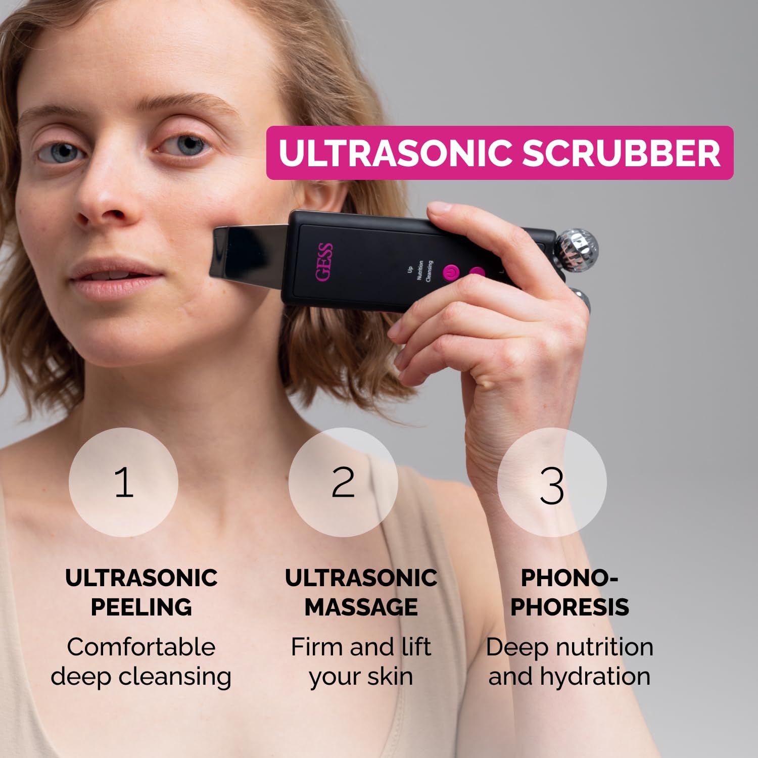 GESS Dispositivo EMS de Masaje & Peeling Ultrasónico – Limpiador de Poros & Papada, 3 Modos Reafirmantes, Micromasaje Ultrasónico & Miostimulación, Limpieza Profunda & Cuidado Facial Efectivo