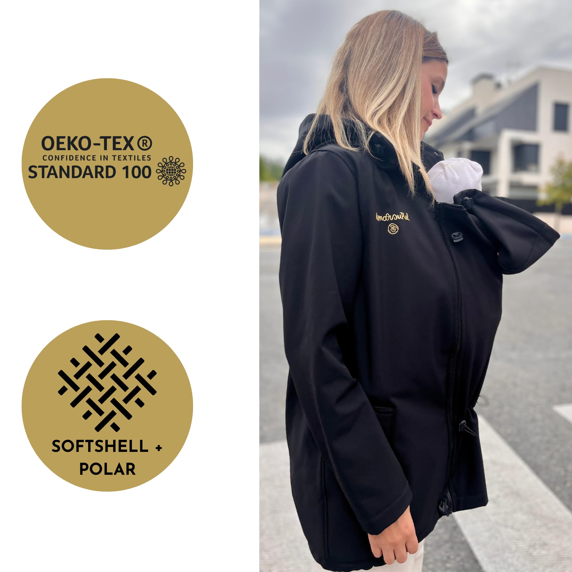 Abrigo Porteo Softshell Amarsupiel Unisex 3 en 1: Impermeable, Cortavientos y Certificado Oekotex | Abrigo premama | Porteo Delantero y Trasero (Talla M - Negro)