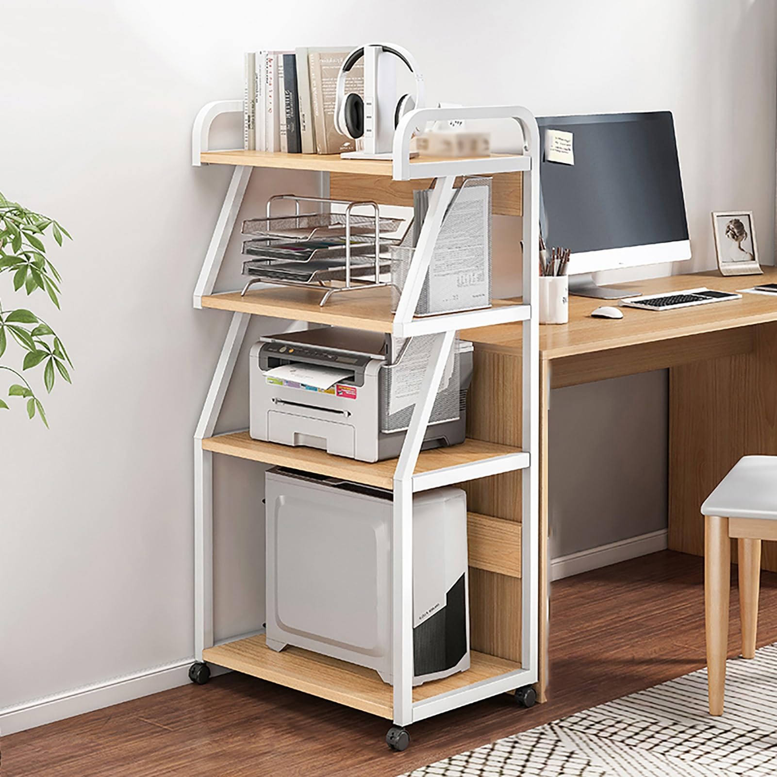 Mesa Impresora, Estante para Trituradora de 4 Niveles, Carrito para Fax, Soporte para PC, Grande Mueble Impresora(Natural)