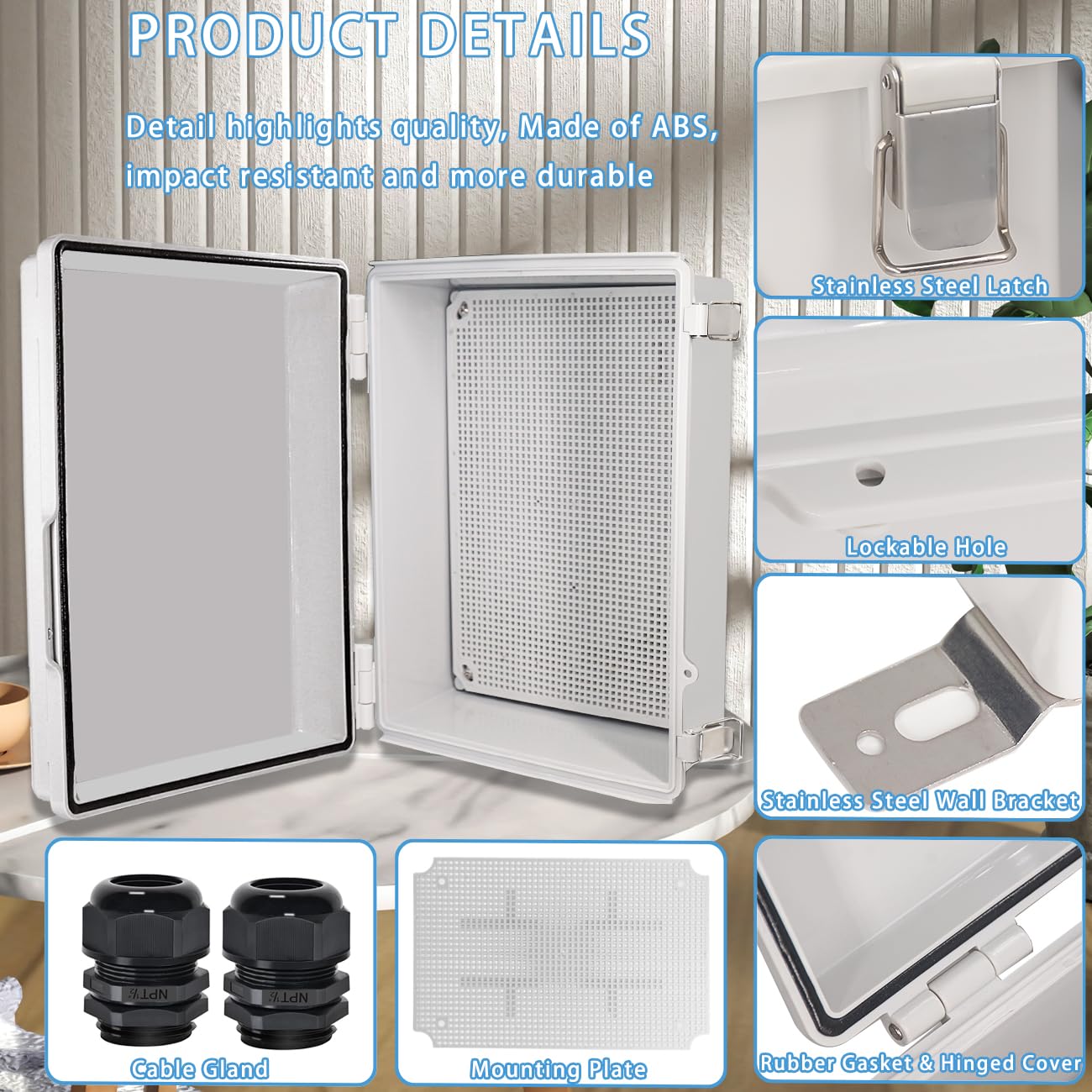 Zulkit Abzweigdose, IP67 wasserdichte elektrische Box, Scharnierabdeckung, Edelstahlschnalle, Kunststoffgehäuse für Projekte, mit Montageplatte, Wandhalterung und 2 Kabelverschraubungen, Grau, 380 x