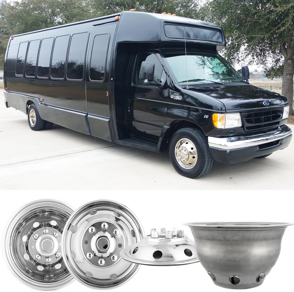 16" Polished Stainless Steel Dually Wheel Simulator fit for 1974-1998 Ford F350, 2008-2021 E350/E450 Van,1974-1999 Dodge Ram 3500,4pcs Bolt On Hubcaps,8 Lug 8 Hand Hole Wheel Cover 608F