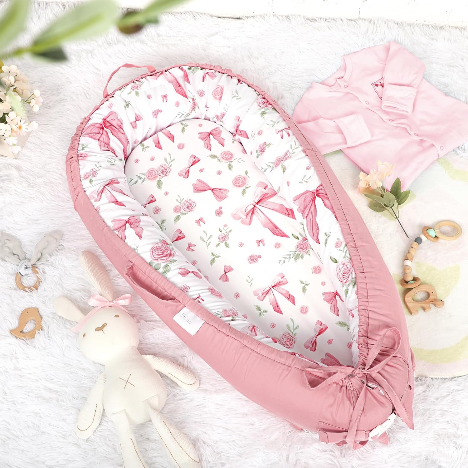 Baby Lounger Cover for Boys Girls, Reversible Baby Nest Cover, Adjustable Baby Lounger Replaceable Cover for Infant Newborn, Portable and Machine Washable, Cotton Pink Rose Cover Only