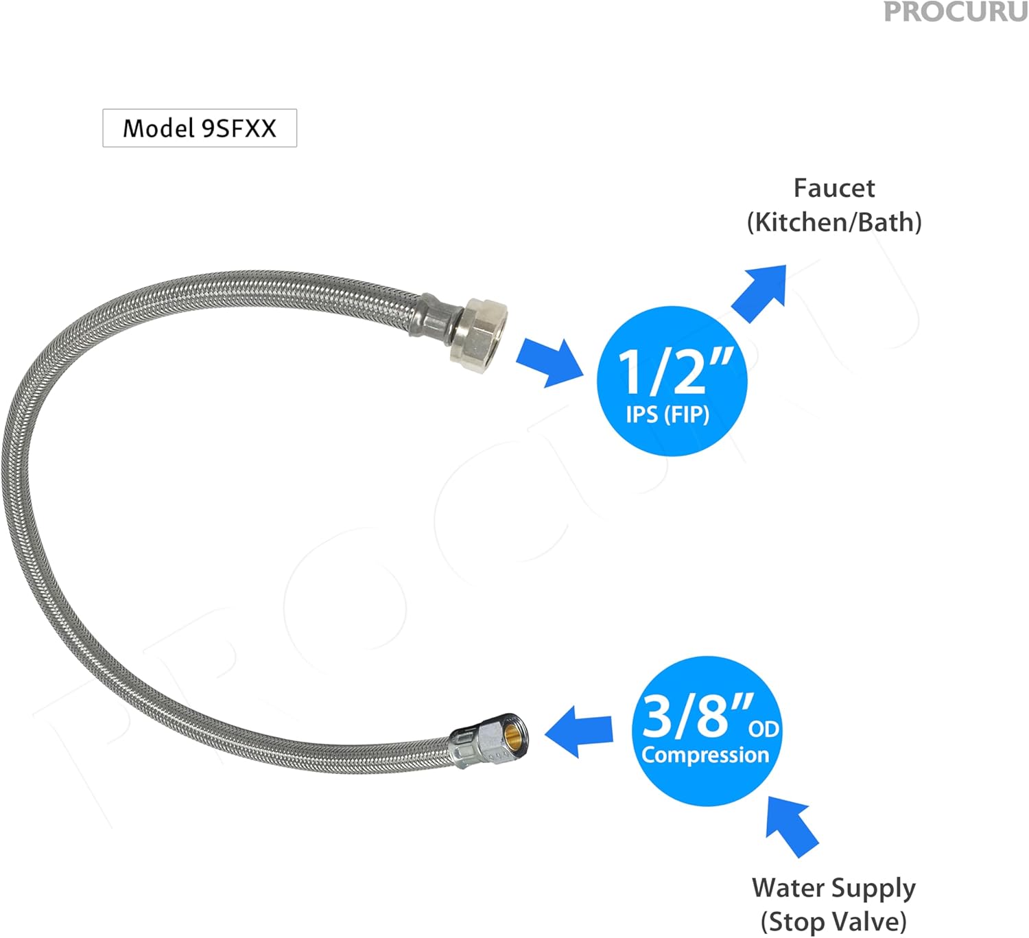 [10-Pack] PROCURU 3/8" Comp x 1/2" FIP Faucet Supply Line Connector, Braided Stainless Steel (9SF36-10P)