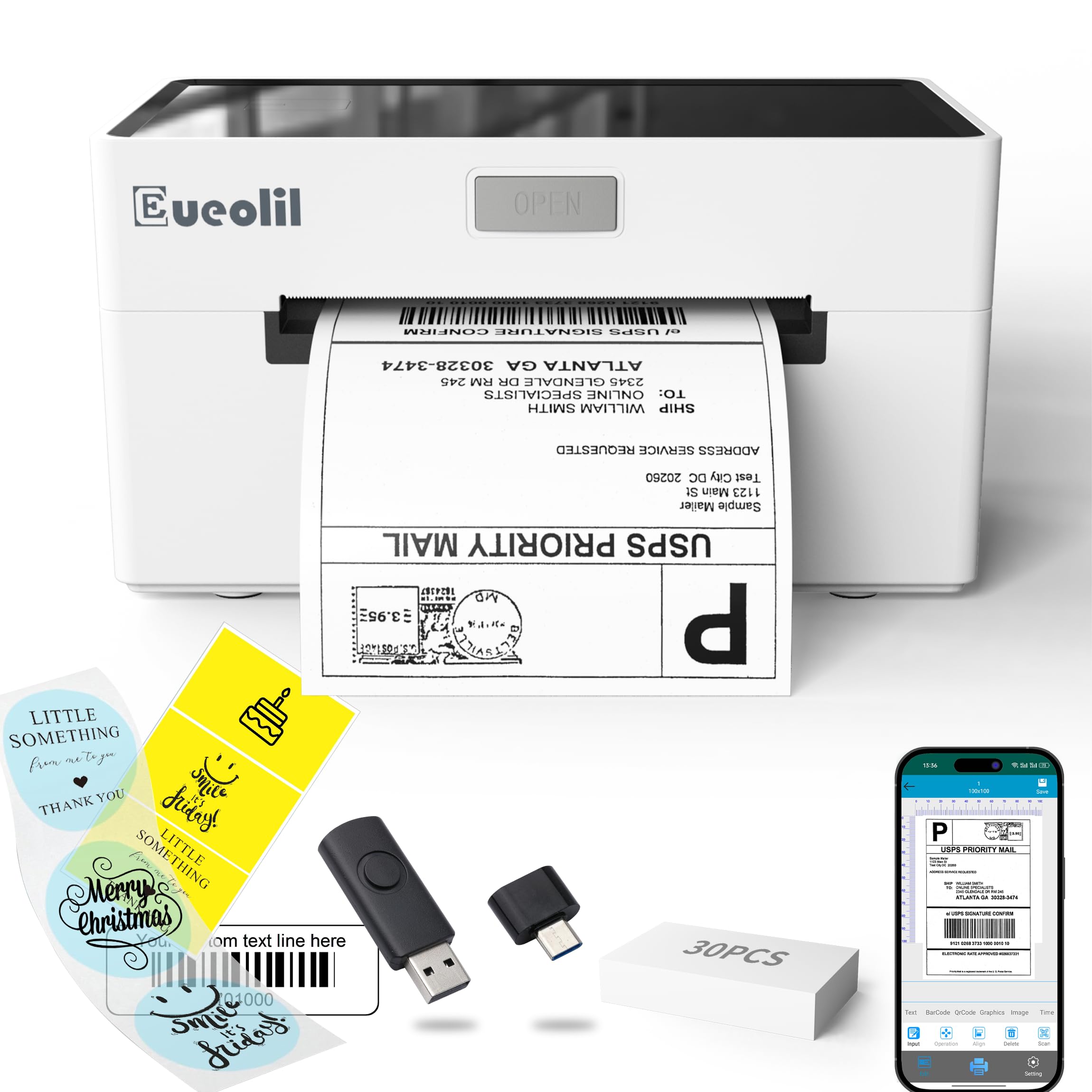 Thermo-Bluetooth-Etikettendrucker kompatibel mit Android, iPhone, Windows und Mac; maximale Unterstützung für Thermoetikettenpapier 4 x 6, weit verbreitet für Zuhause und im Büro