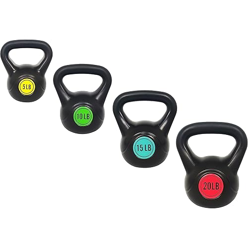 Wide Grip 3-Piece Kettlebell Exercise Fitness Weight Set, Include 5 lbs, 10 lbs, 15 lbs and 20 lbs, Set of 3 or Set of 4