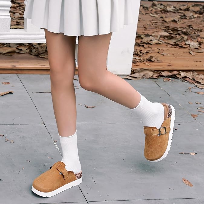 Women's Suede Platform Clogs with Cork Footbed, Closed Toe Sandals with Adjustable Buckle, Mules Anti Slip On, Comfort Potato Shoes Footwear, Memory Foam Slippers Outdoor