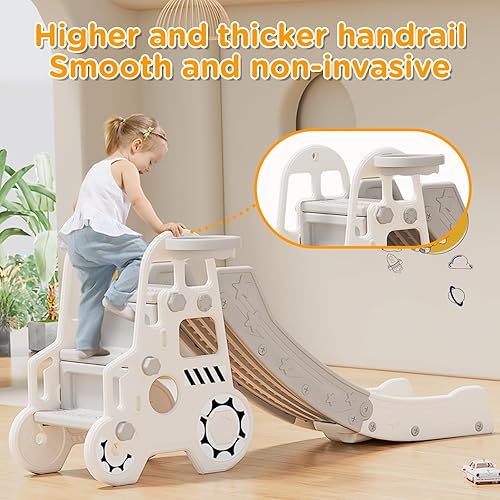 Miniatura 5 de FAHKNS Tobogán 3 en 1 para niños pequeños, tobogán para escalador con aro de baloncesto y pelota para patio de juegos en interiores y exteriores,