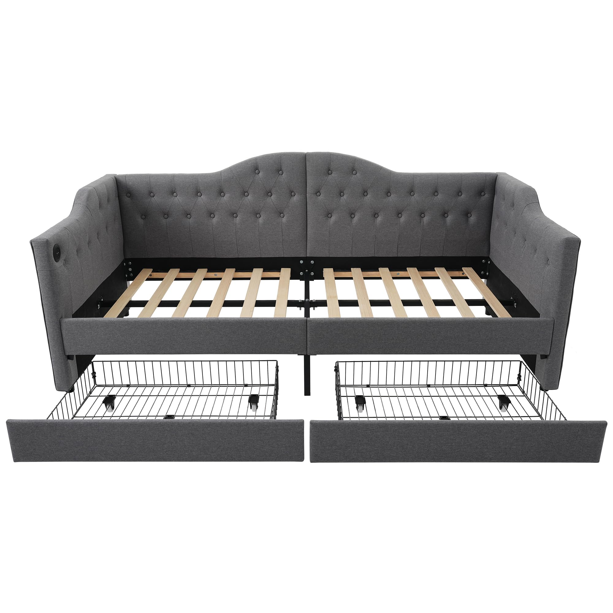 Rtopsu Divano Letto Imbottito 90x200 cm con USB Type C, Letto per Bambini con 2 Cassetti Contenitore, Letto per Ragazzi Struttura Letti con Telaio a Doghe in Legno, Lino, Grigio, Senza Materasso