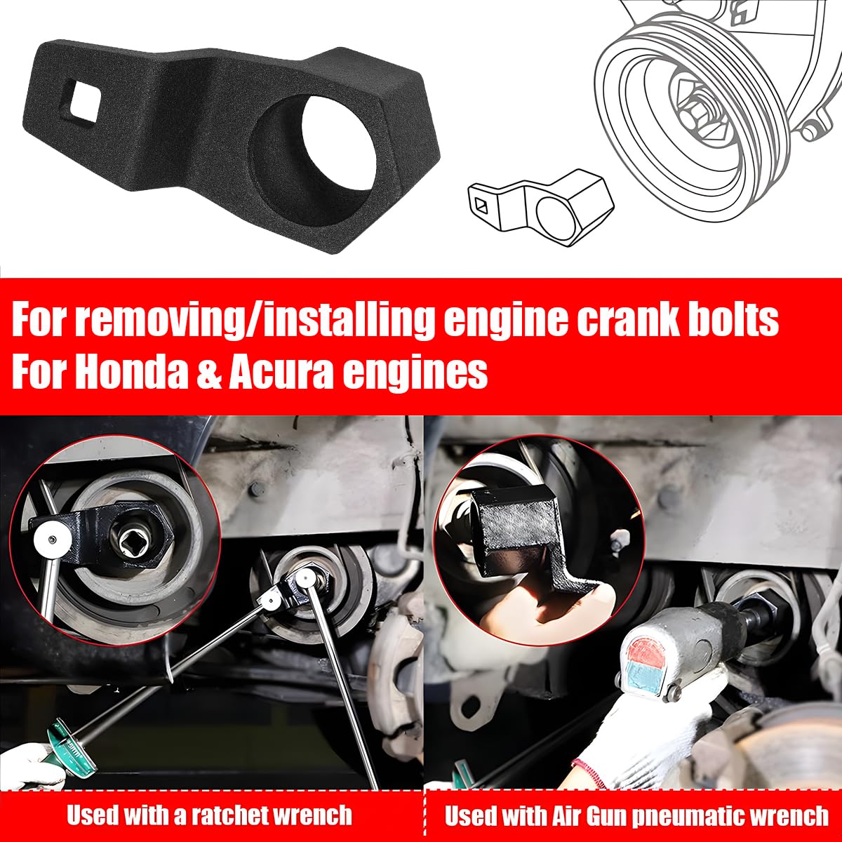 77080 19 Mm Harmonic Balancer Socket &amp; 50 Mm Crankshaft Crank Pulley Wrench Holder Tool Removal Holding Spanner Kit For Honda And Acura Engines With 19mm Hex Pulley Damper Bolt In