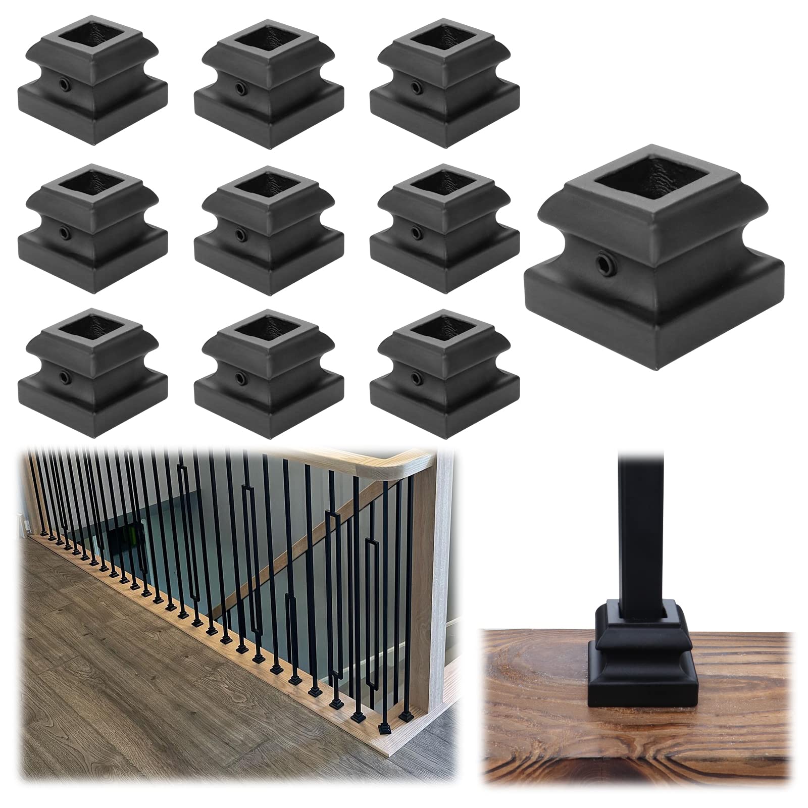 Muzata 10Pack Iron Baluster Shoes Stair Flat Shoe with Screw for 1/2" Square Baluster Black Staircase Spindle WT10