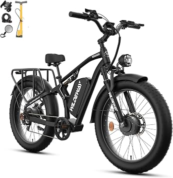 Wildeway 3000W Dual Motor Electric Bike for Adults, 32MPH 26" Fat Tire Ebike, 52V 25Ah Battery, 80 Miles Range, Full Suspension All Terrain Off-Road eBike, Hydraulic Disc Brakes, Snow Sand Mountain