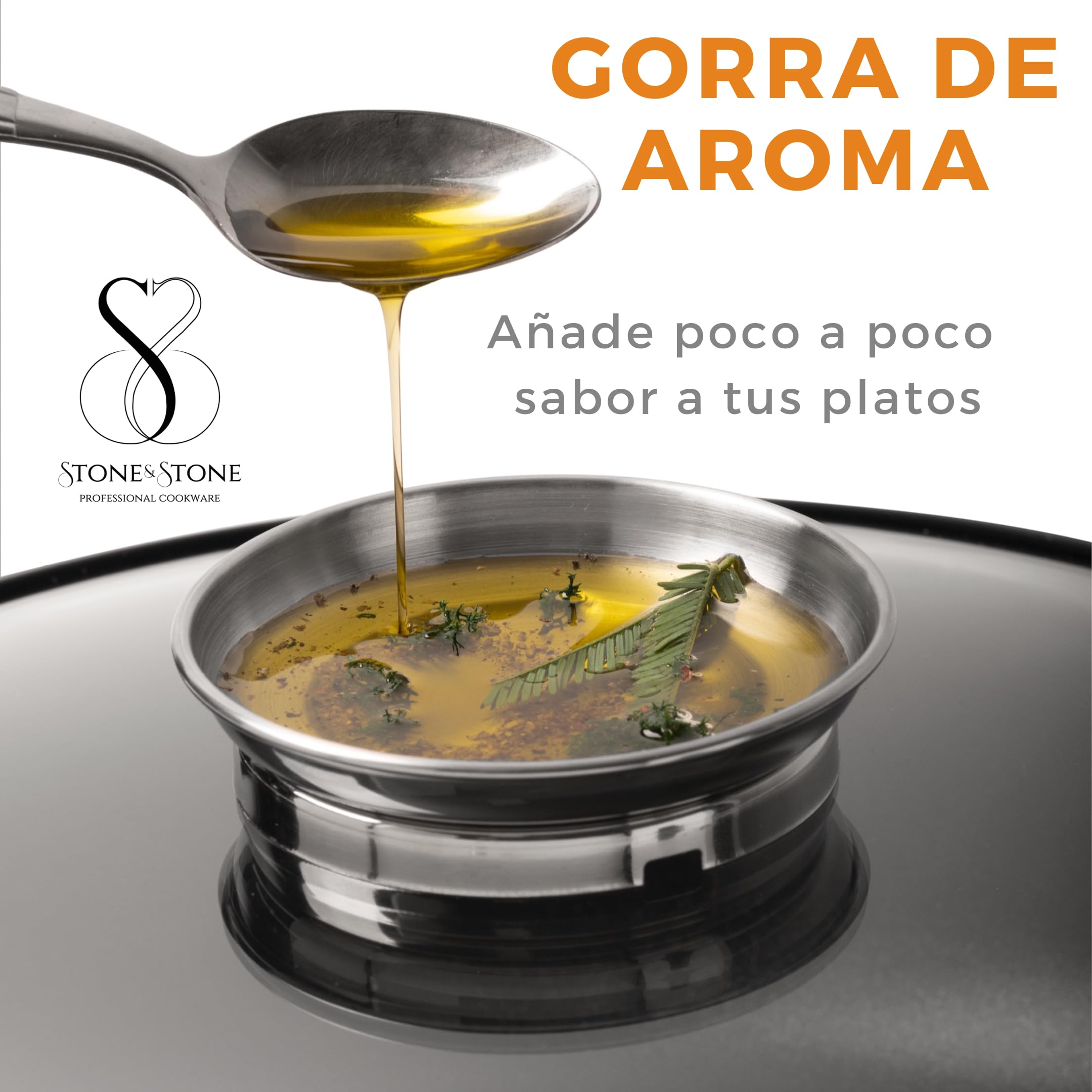 Cazo Cacerola mango ergonómico extraíble Apto Inducción acero & aluminio antiadherente Alemán Greblon C3+ inducción y horno Libre de PFOA + tapa de cristal (24CM)