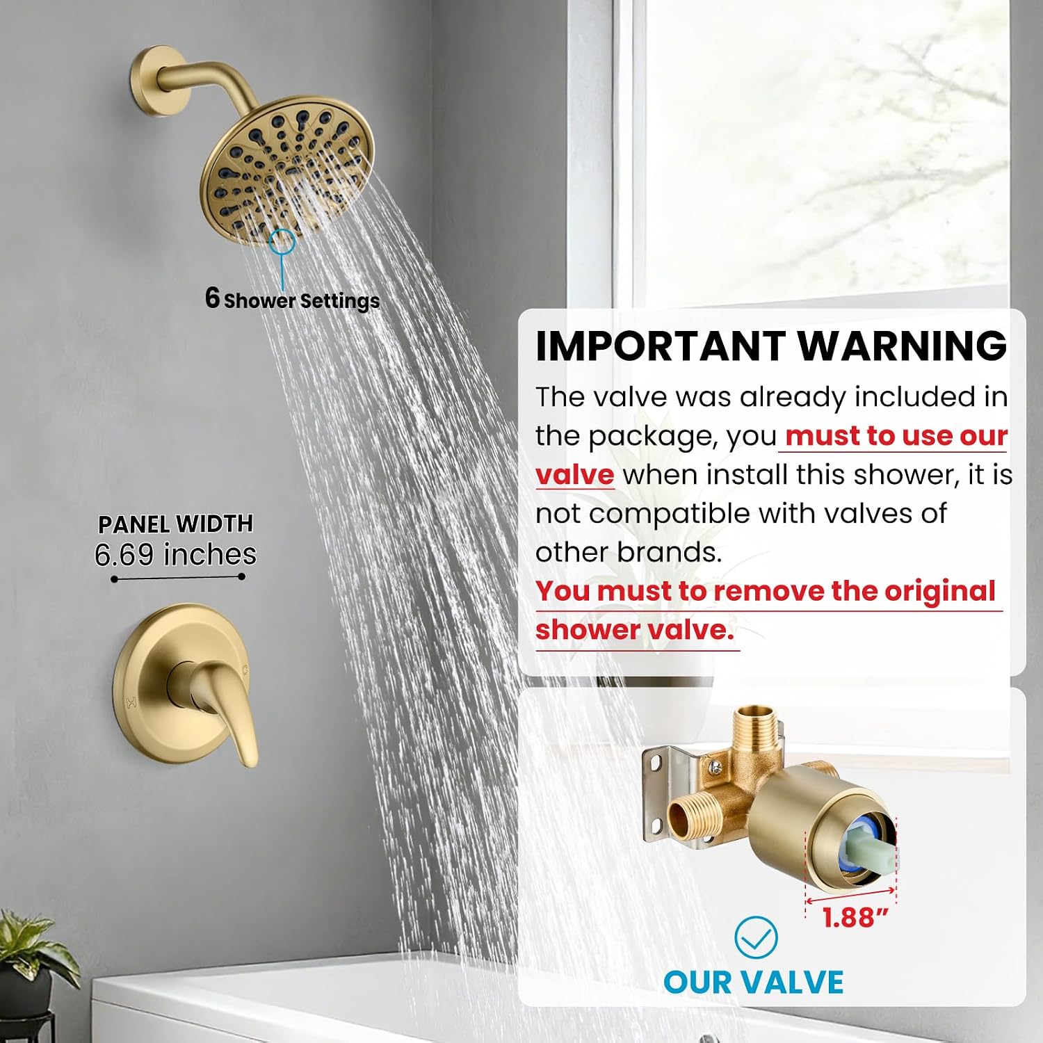 gotonovo Shower Faucet Set Bathroom Shower Head and Handle Set Complete 6 Settings 6 inch Rainfall Shower Head Kit High Pressure Shower System Combo Shower Trim Kit with Valve Brushed Gold