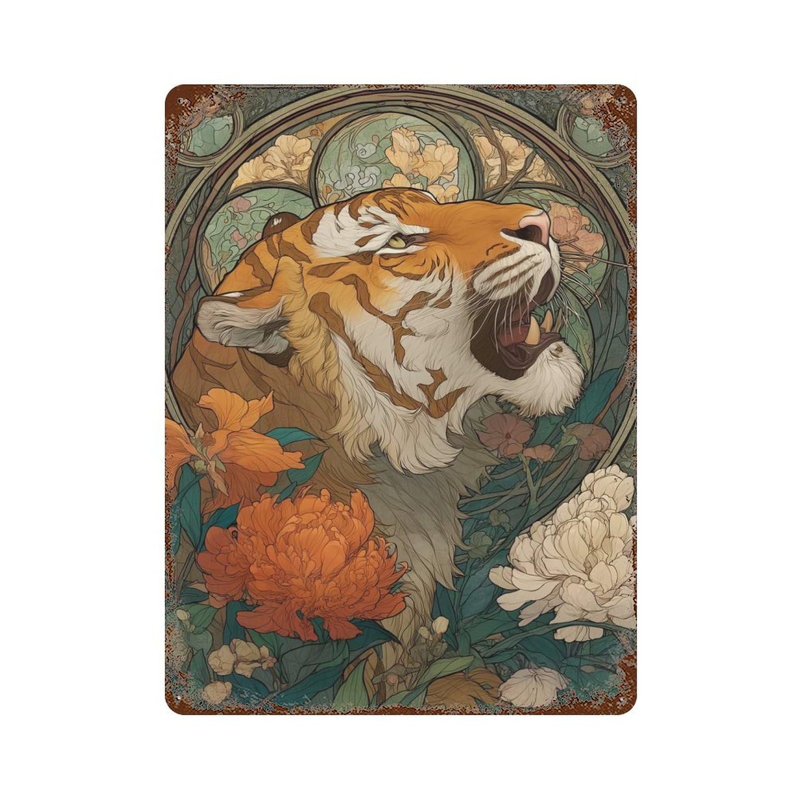 Distressed Metal Wall Sign Tiger in Bloom 15.7"x11.8", Retro Wall Decor for Basement, Hobby Room And Garage Decor