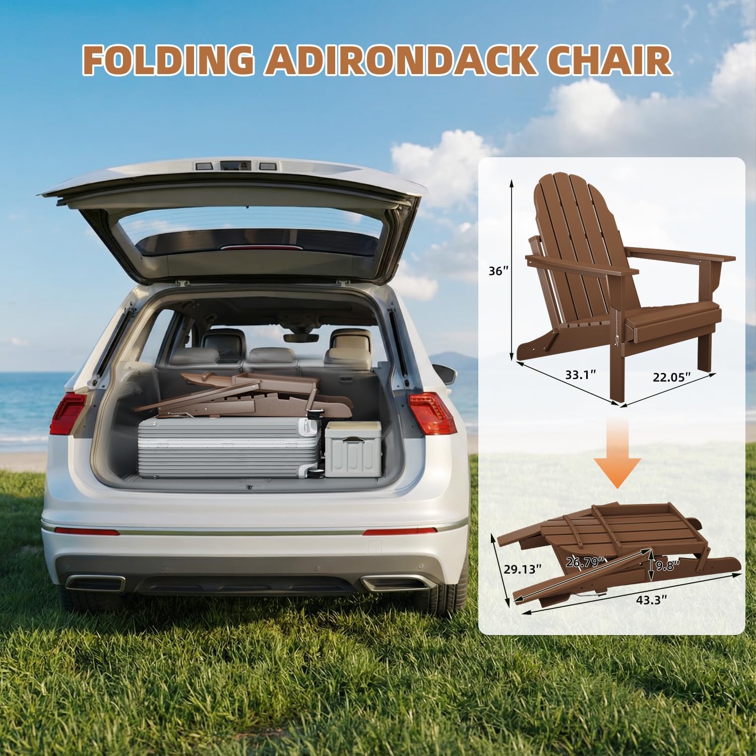 Oversized Folding Adirondack Chairs Set of 4, HDPE All-Weather Outdoor Chairs Easy to Store Fire Pit Chairs for Patio, Lawn, Poolside, Garden, Backyard, Deck- Teak