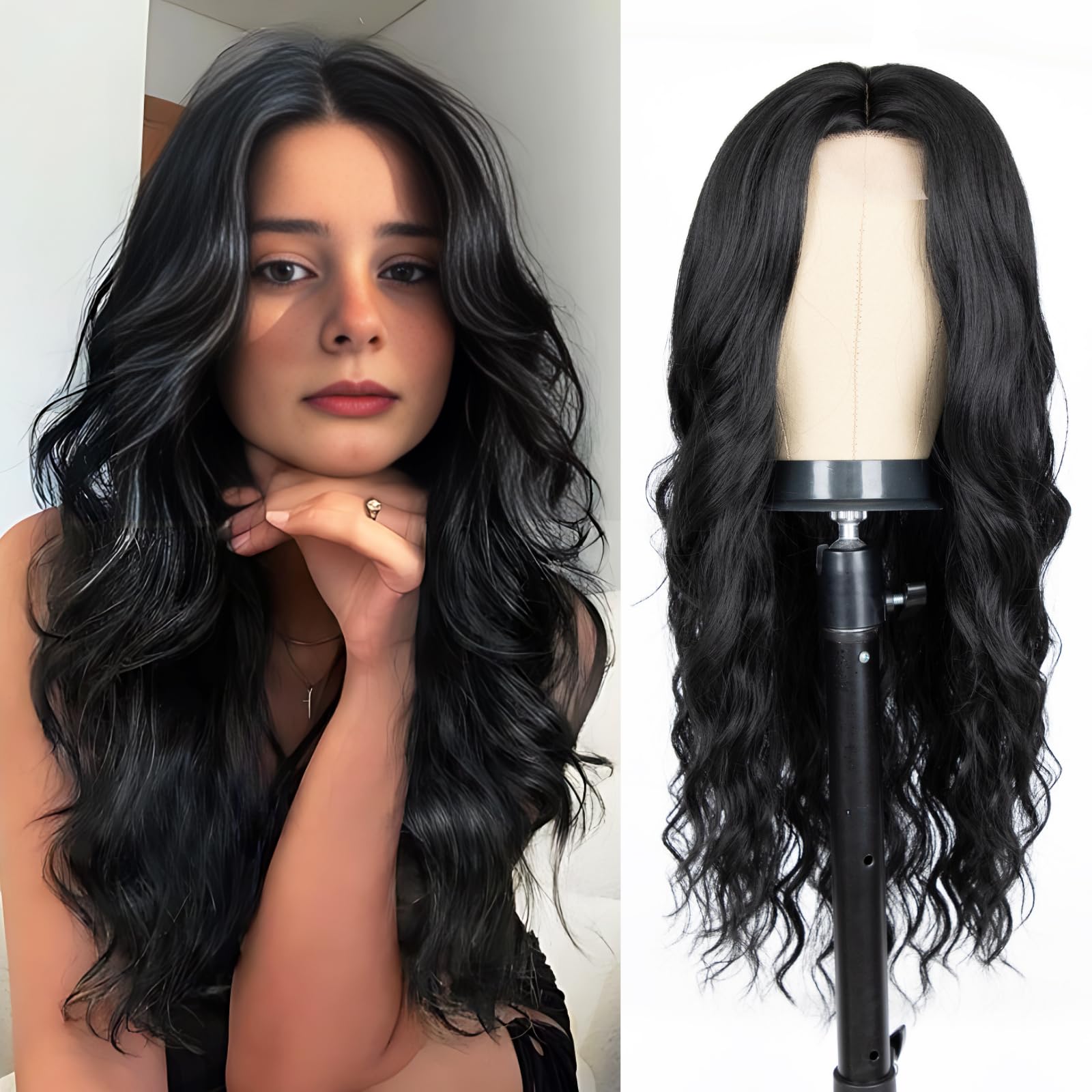 Long Black Wig for Women 26 Inch Middle Part Wavy Women Charming Wigs Realist...