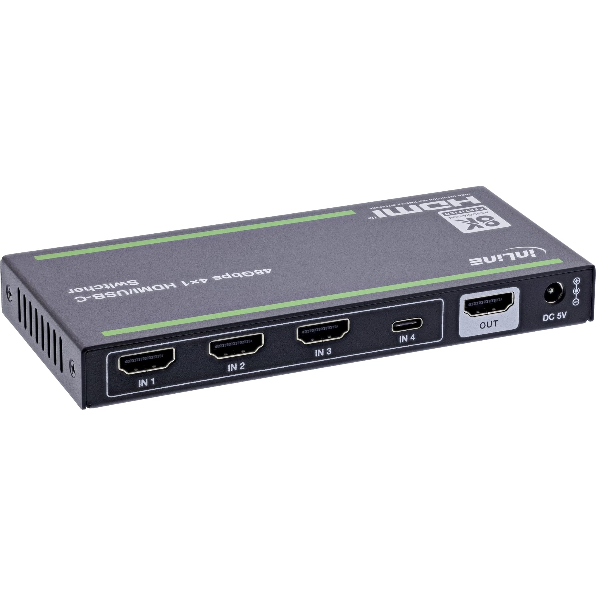 Inline Conmutador HDMI de 4 Puertos con USB-C, HDMI 2.1, 8 K @ 60 Hz, EDID, HDR10+, Dolby Vision, conmutación automática, Mando a Distancia por Infrarrojos, DisplayPort 1.4, 57885B