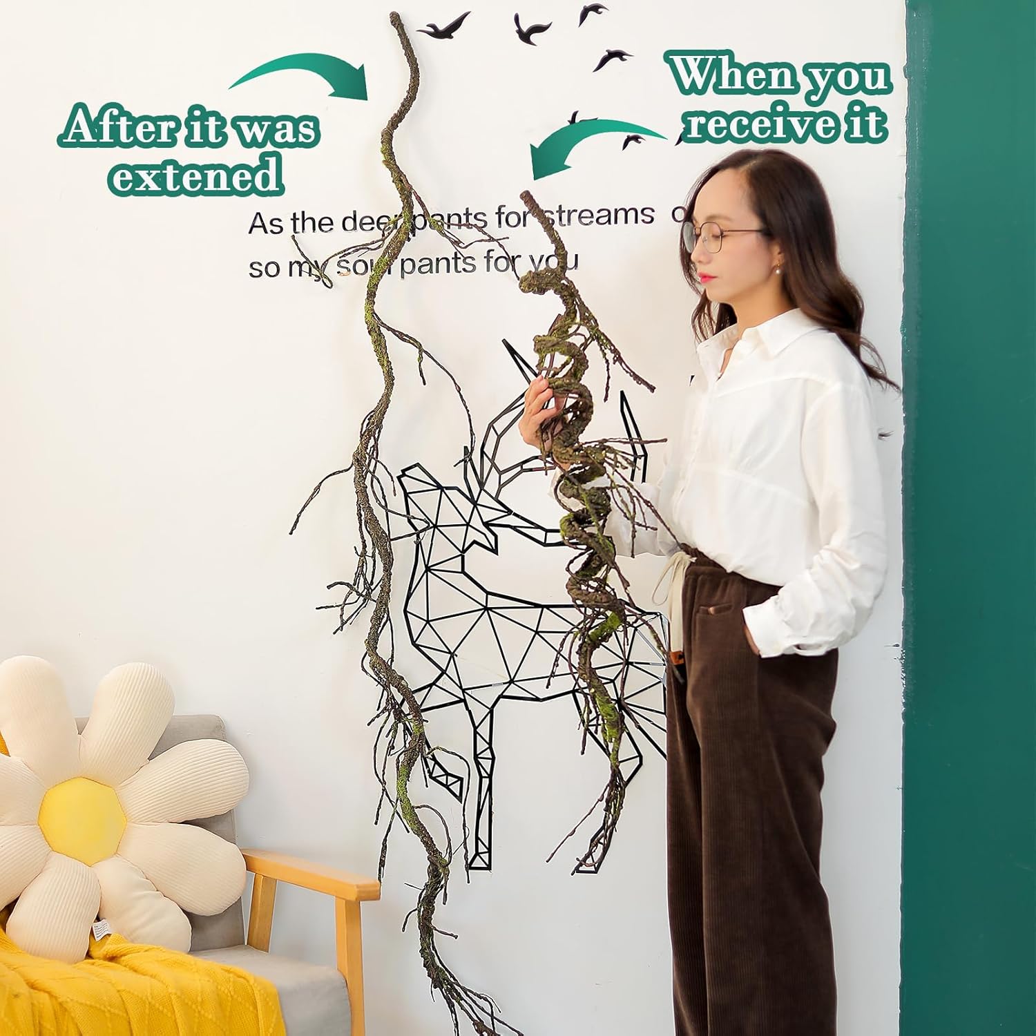 1Pcs 71inch Bendable Artificial Floral Grapevine Garland Fake Realistic Woody Tree Branches Plants Twigs Stems Trunk with Moss for Outdoor Mantel Wall Hanging Garden Halloween Jungle Room Decoration - Image 7