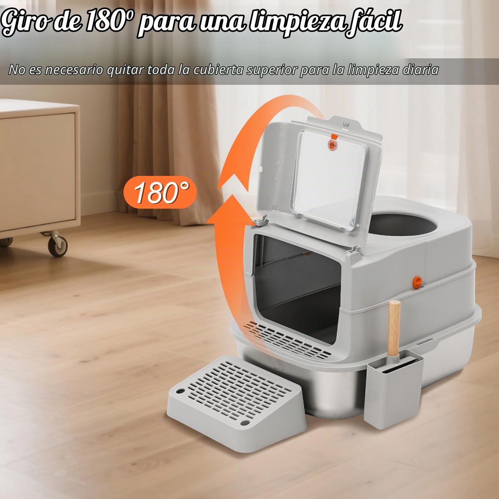 Arenero para Gatos con Cubierto,Extraíble Arenero Gato Acero Inoxidable,Arenero Gato Cubierto con Pala y Pedal,para Varios Tipos de Gatos,Gris