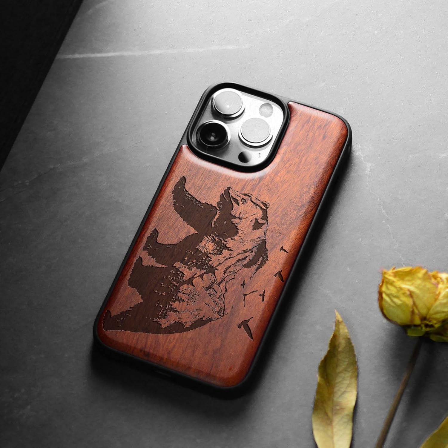 Carveit Magnetic Wooden Case for iPhone 15 Pro Case, Compatible with MagSafe Wireless Chargers, Black Soft TPU Shockproof Cover & Wood Artisan Engraved (Bear and Valleys) - Rosy