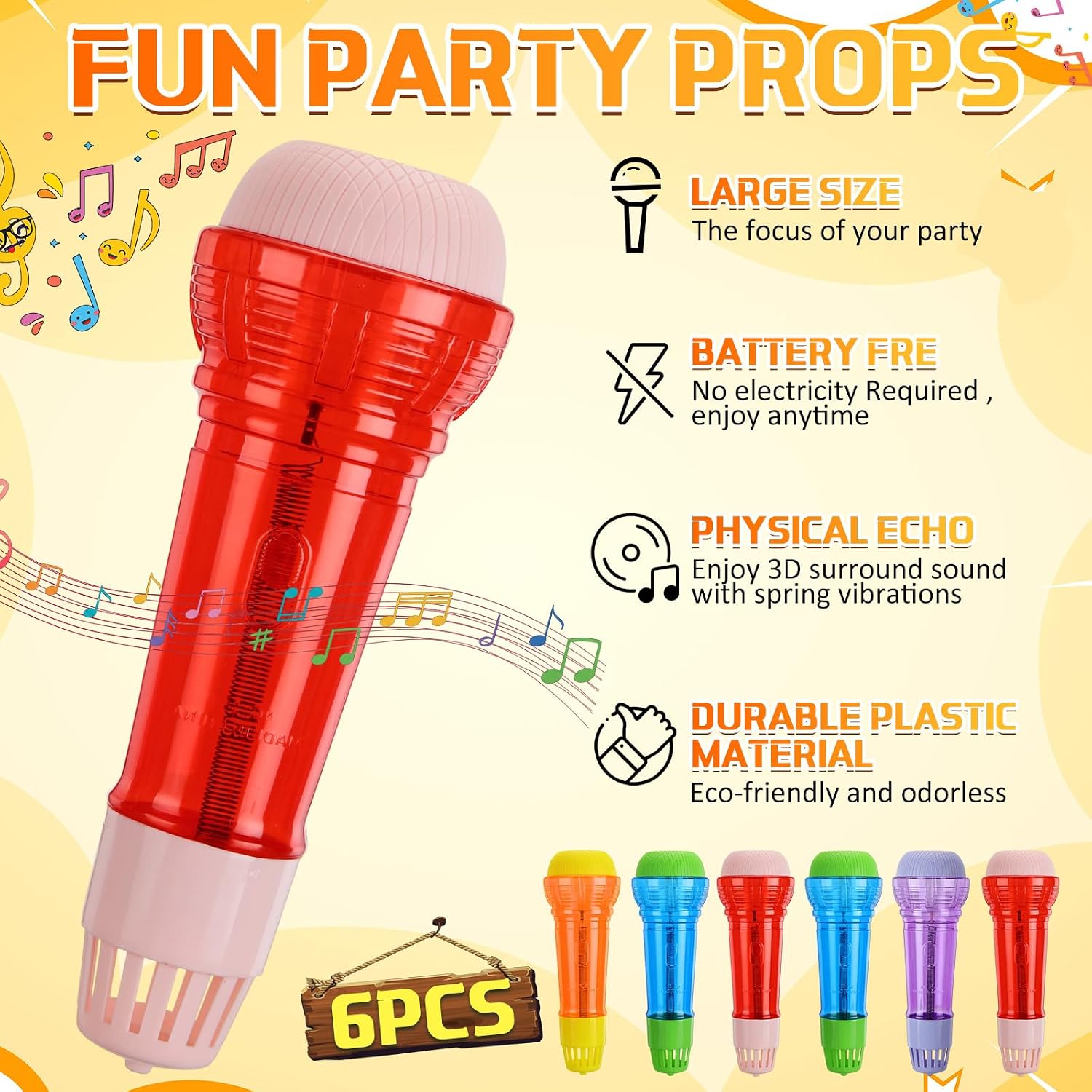 6 Pack Large Echo Microphone No Battery Fun Voice Amplifying Mic Multicolored Retro Speech Therapy Lightweight Singing Mic for Music Birthday BBQ Party Supplies, 9.5 Inch