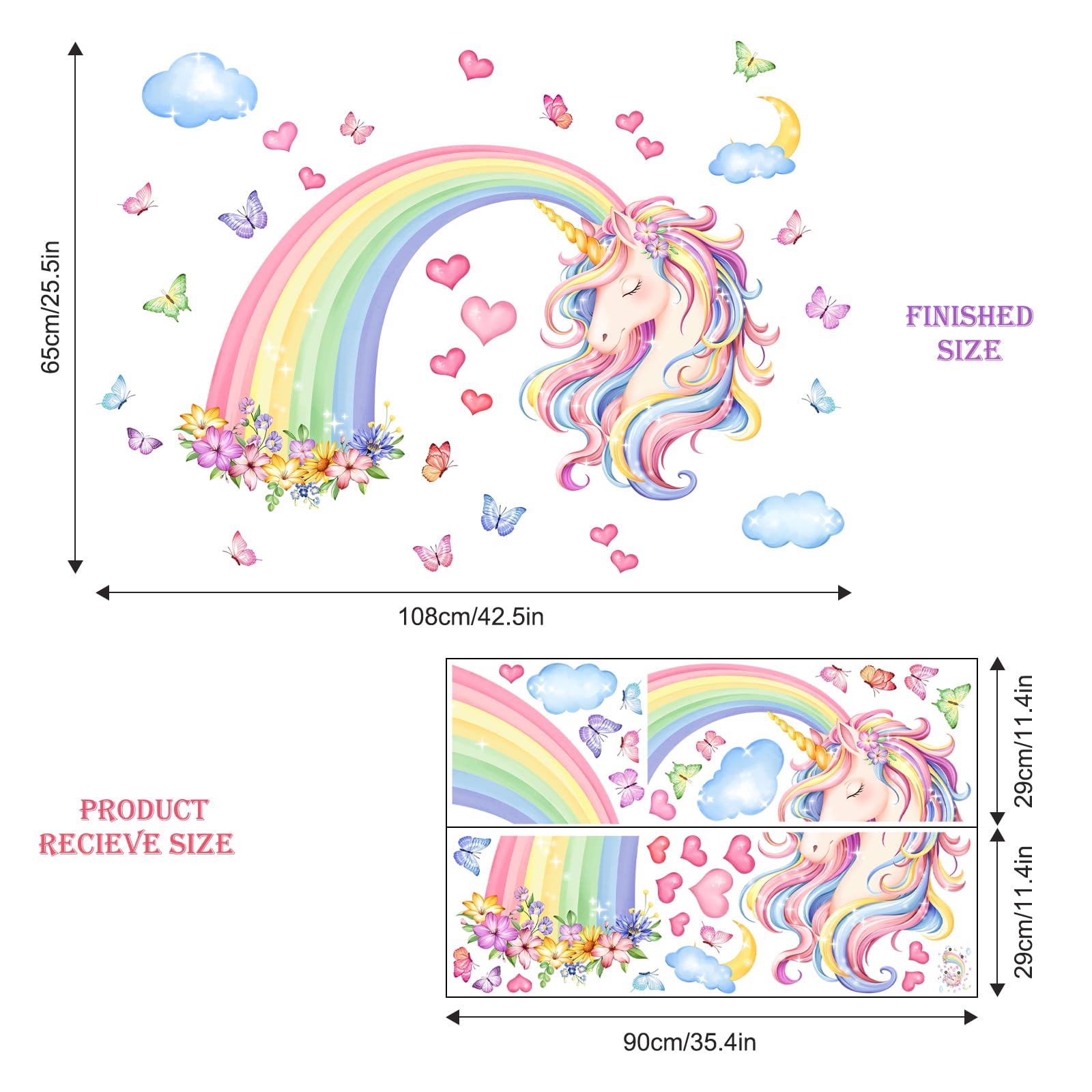 Supzone Large Rainbow Wall Stickers Unicorn Rainbow Butterfly Hearts Wall Art Decals for Girls Nursery Kids Bedroom Living Room Classroom - Image 3