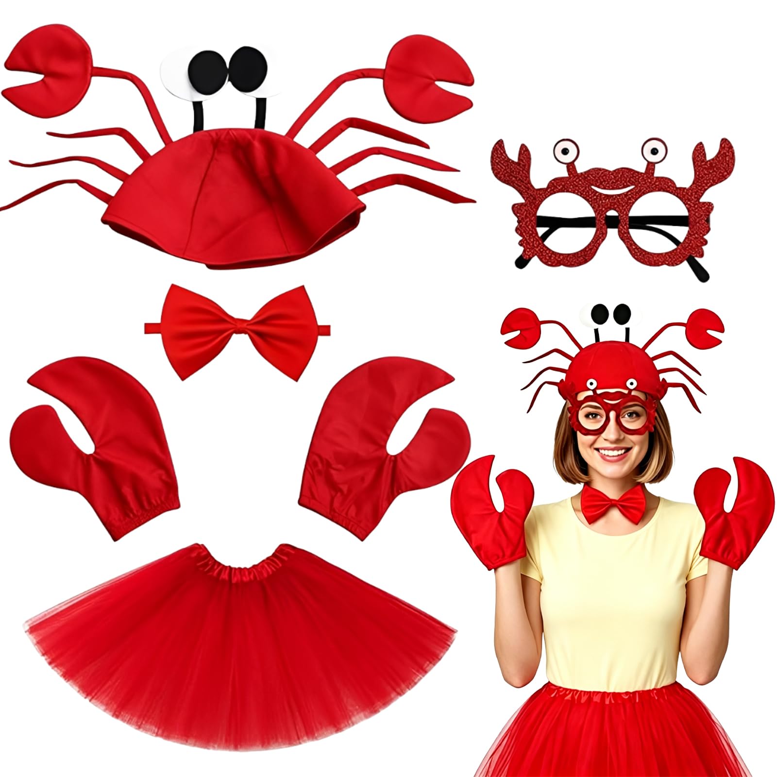 ZPSCXQ Lobster Costume, Crab Costume, Under The Sea Costumes Five-Piece Set with Crab Hat, Gloves, Bow Tie, Party Glasses and Accessories for Halloween Events, Christmas Parties, Themed Gatherings