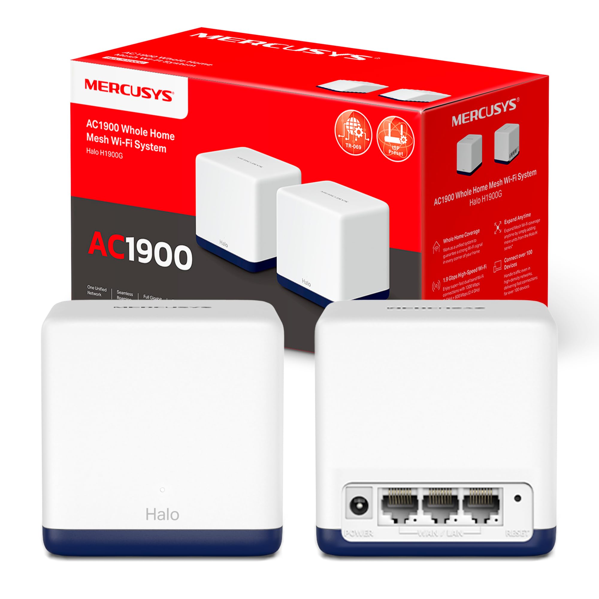 Mercusys Halo H1900G(2-Pack) - AC1900 Mesh Wi-Fi, Doble Banda, Cobertura hasta 350 m², 3× Gigabit Puerto por Unidad, MU-MIMO, Beamforming, Control Parental, Smart Connect