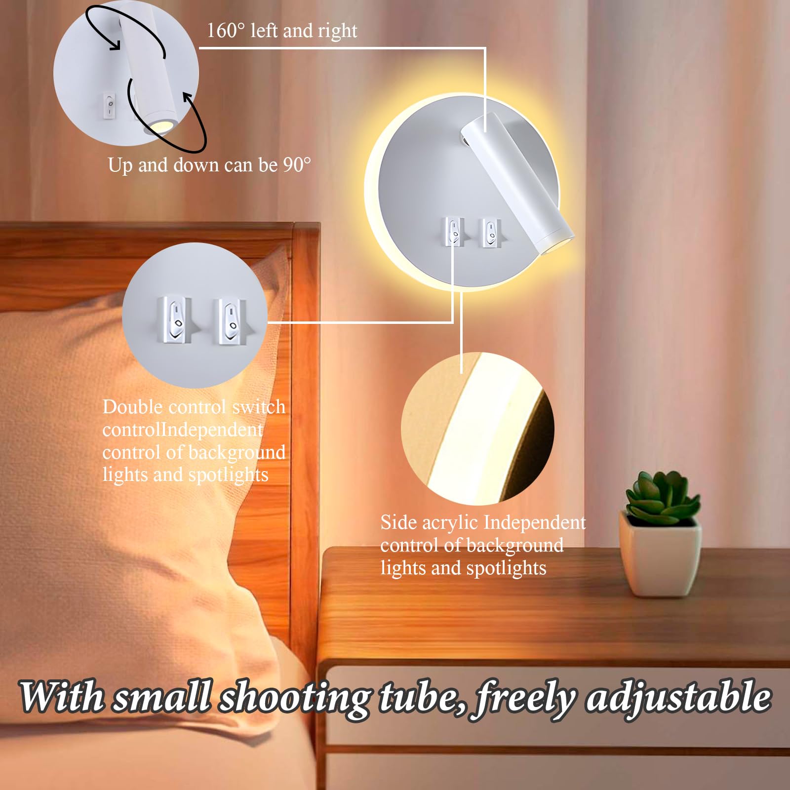 Swsdee Applique Murale LED 11W Double Usage - Liseuse Chevet Rotative 330° + Interrupteur Double - 3000K Lumière Chaude - Aluminium
