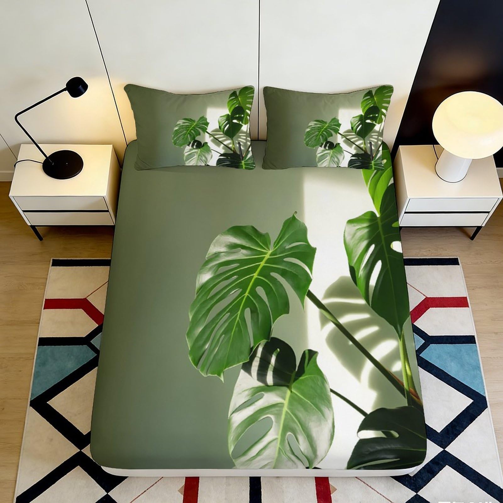 3D Printed Monstera Leaf Fitted Sheet Microfiber Botanical Green Tropical Plant Mattress Cover Bedroom Decor 180x200x25cm
