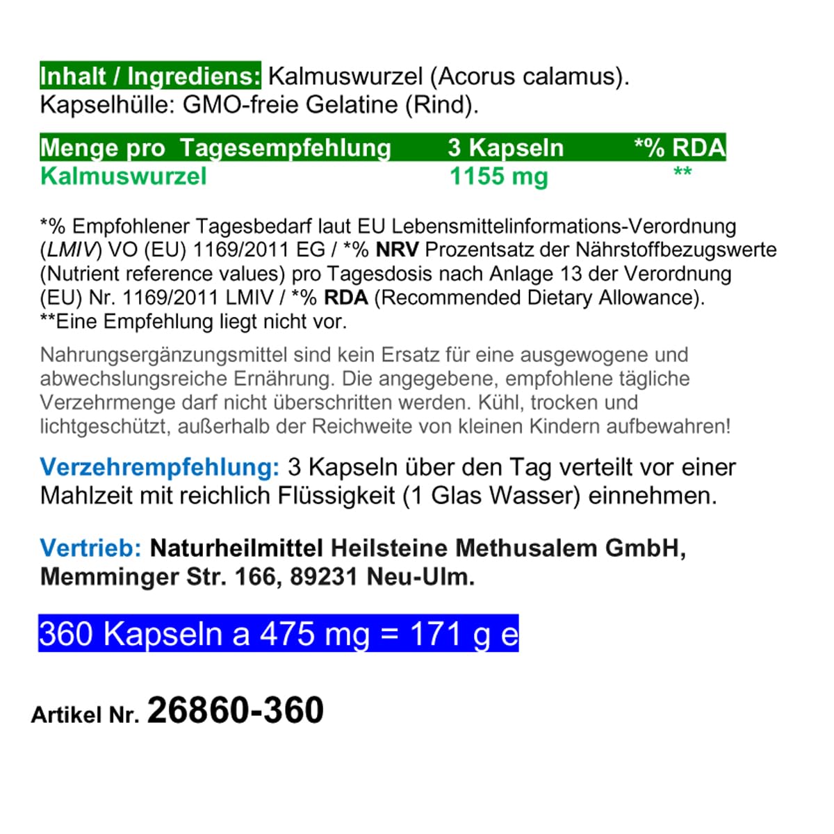 Kalmus-Wurzel Magenwurz Magen Bitter(stoffe) APERITIF & DIGESTIF Verdauung Stoffwechsel 360 Pulver Kapseln nach Ayurveda & Hildegard von Bingen - NATUR PUR ohne ZUSATZSTOFFE. 26860-360