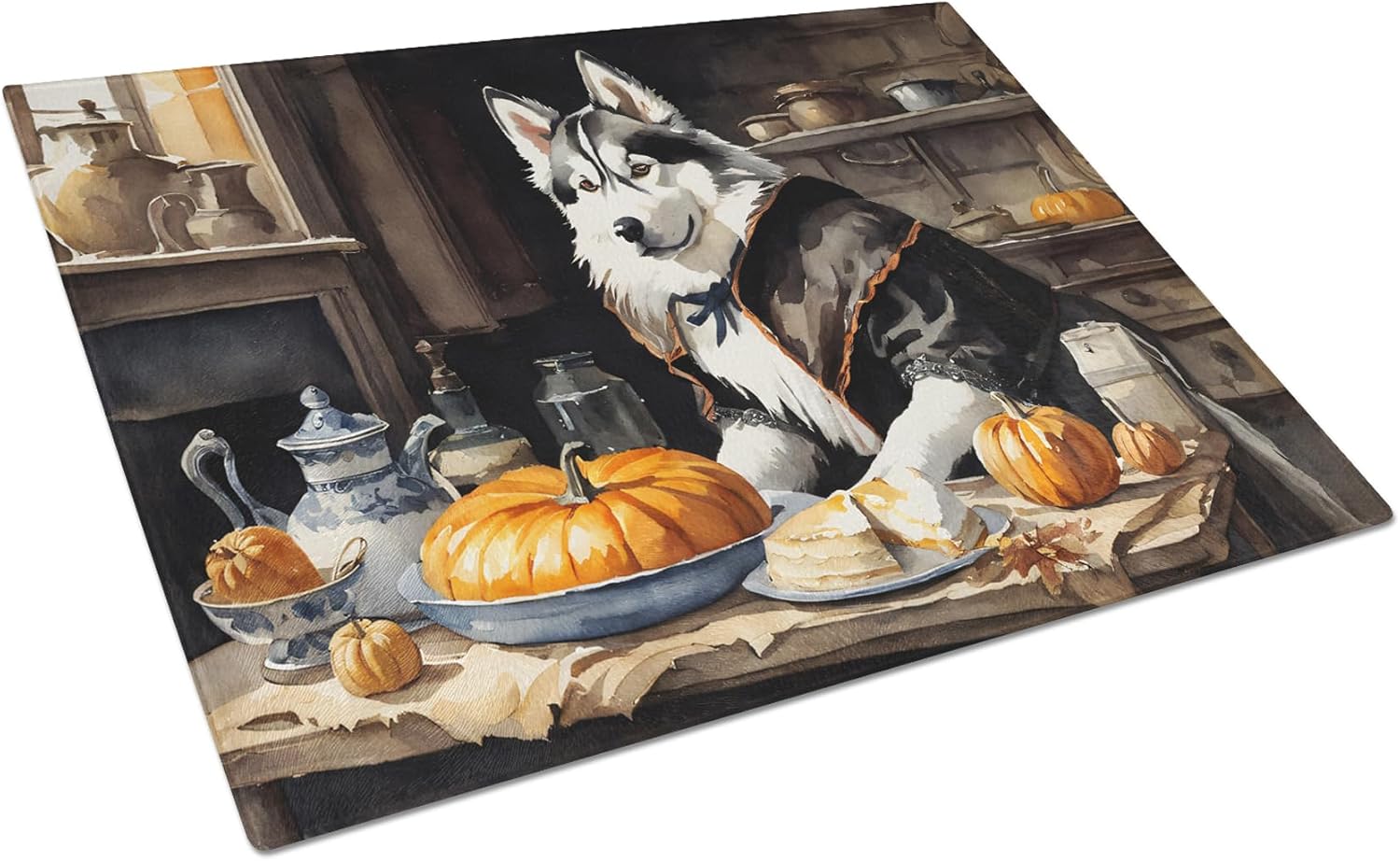 Caroline's Treasures DAC1817LCB Siberian Husky Fall Kitchen Pumpkins Glass Cutting Board Large Decorative Tempered Glass Kitchen Cutting and Serving Board Large Size Chopping Board
