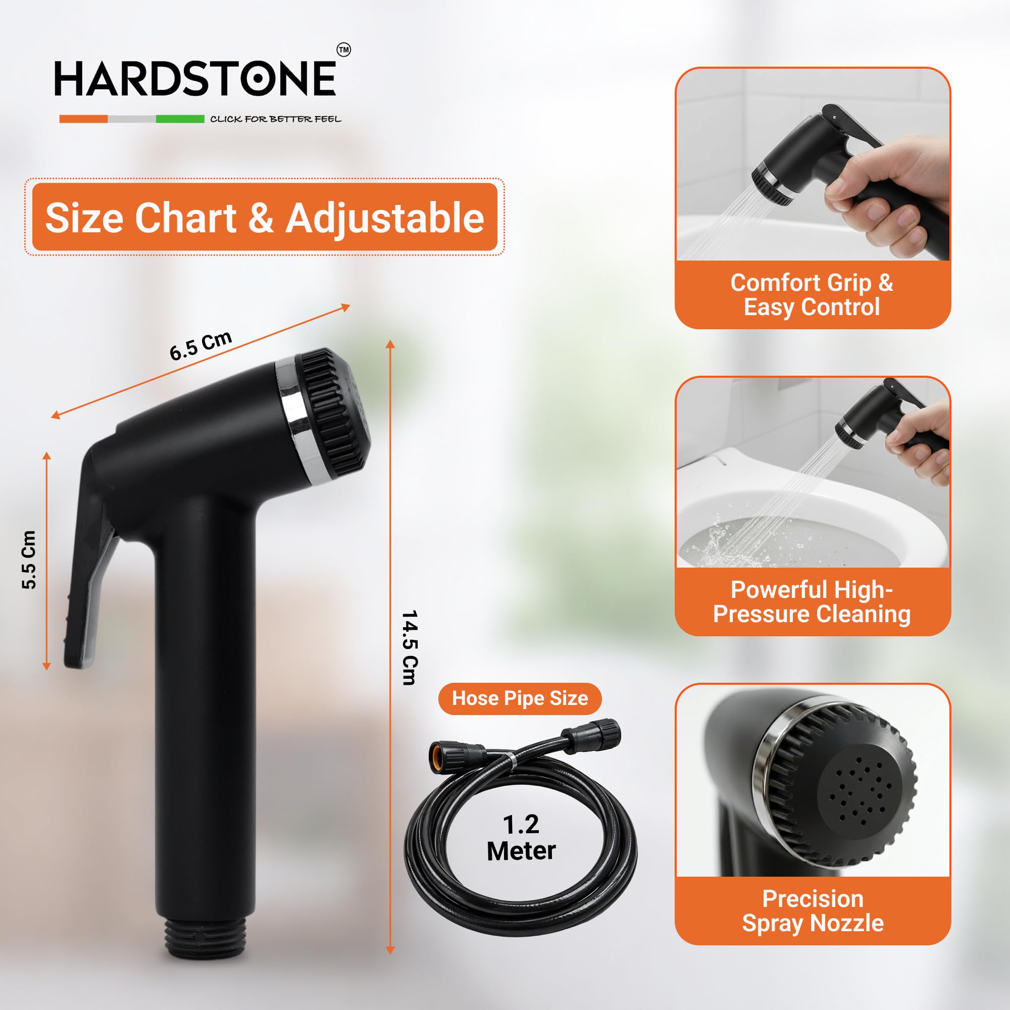 HARDSTONE Health Faucet for Bathroom with 1 Year Warranty | High Pressure Jet Spray Gun | Rustproof ABS Body with 1.2m Hose & Holder | Superior Hygiene & Multipurpose Cleaning | Black 3