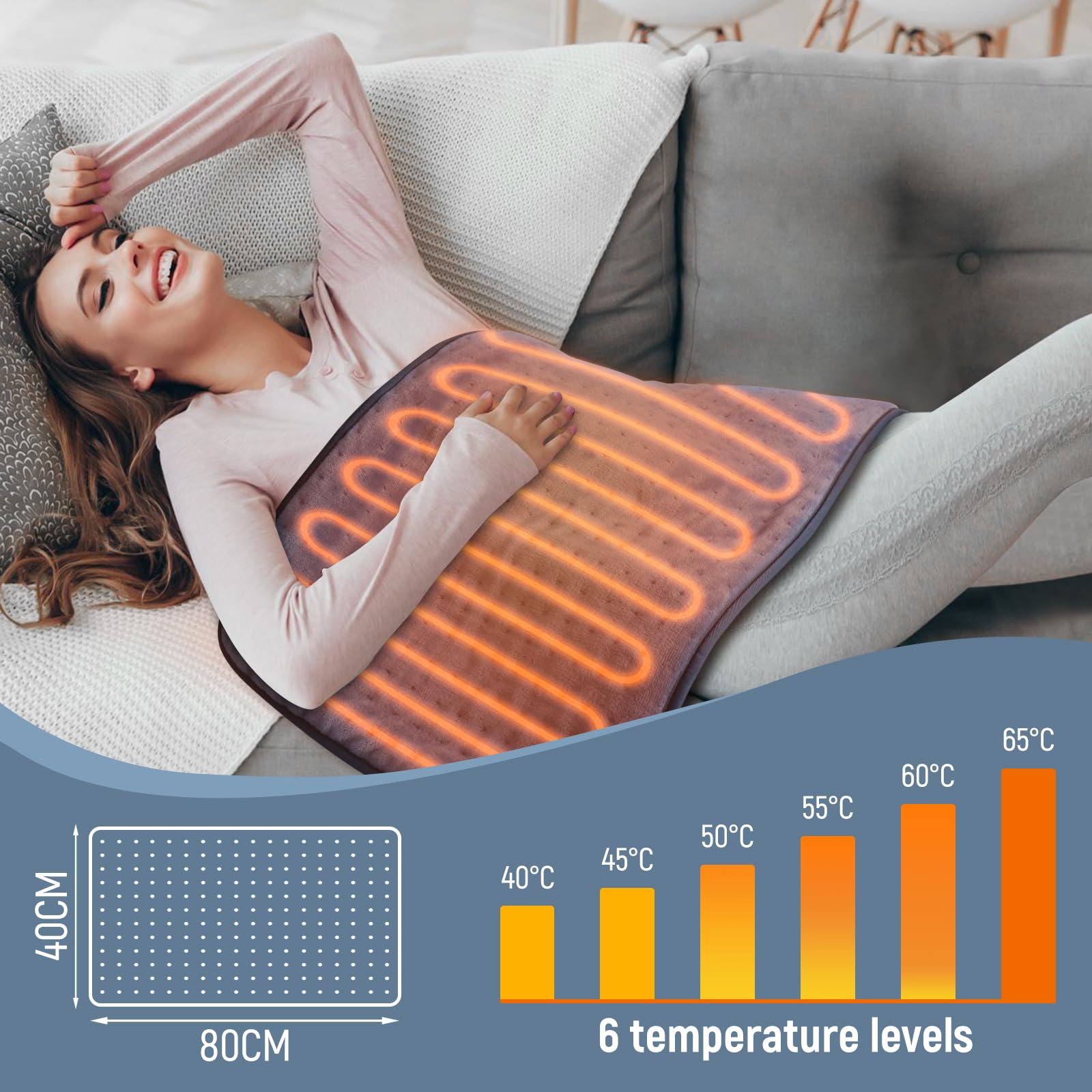 Heizkissen, 40 * 80 CM Schnellheiztechnologie Elektrisches Wärmekissen mit Automatischer Abschaltung und 6 Temperaturstufen für Rücken Schulter Bauch