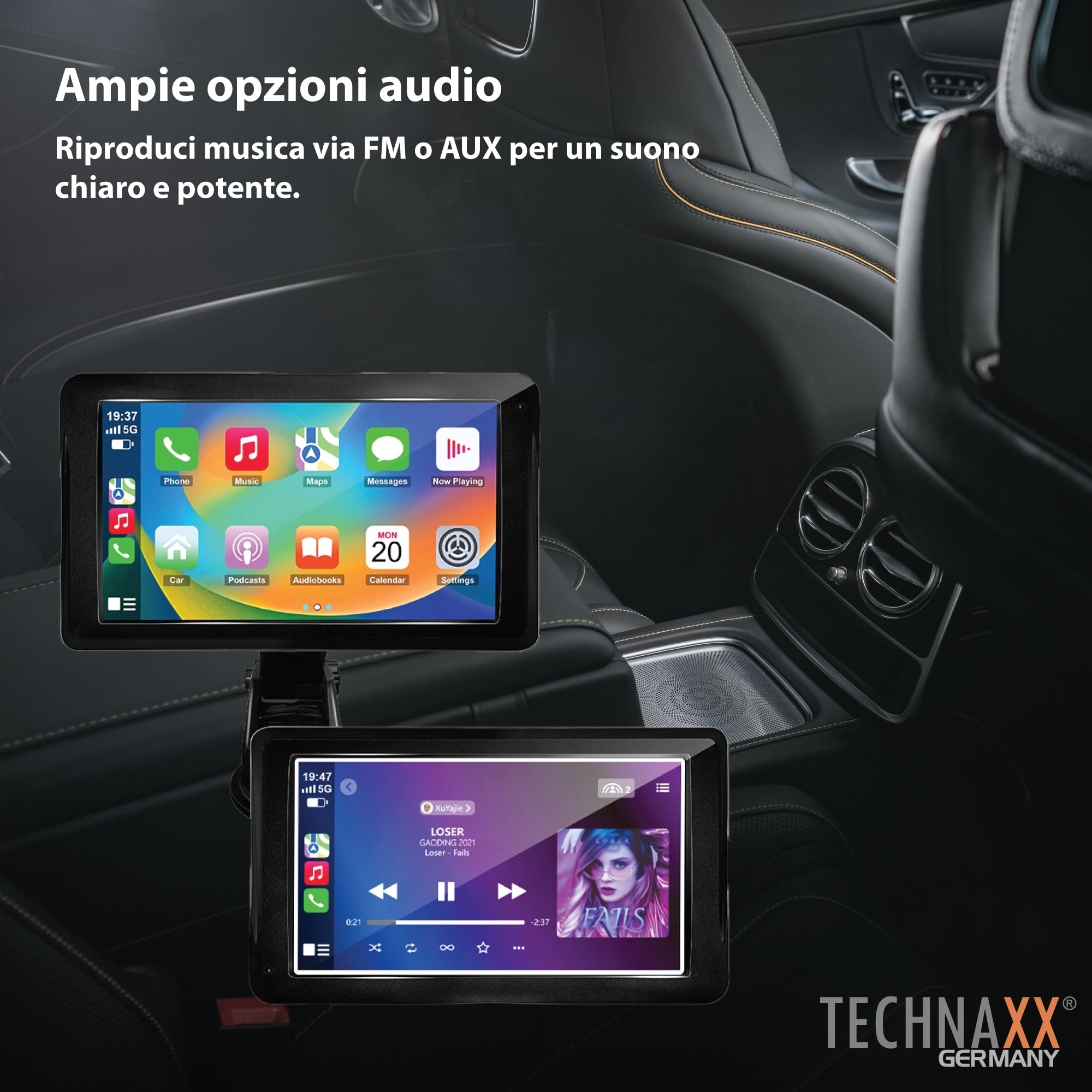 Technaxx TX-320, Wireless Car Play & Android Auto Display 7” per Apple Car Play e Android Auto con Bluetooth 5.0, trasmettitore FM, AUX, altoparlante incorporato, supporto per cruscotto/parabrezza
