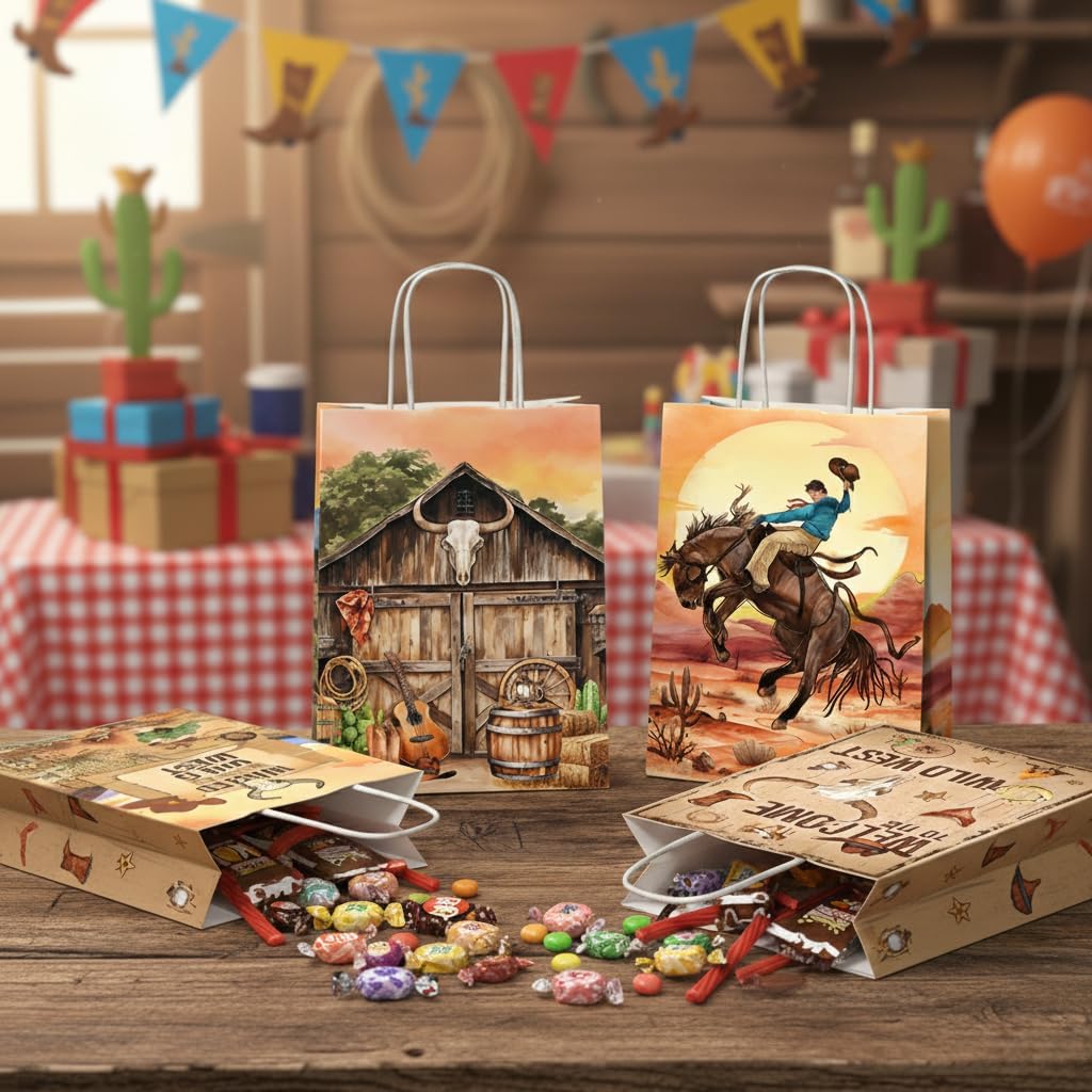 JOYGATHER 24 Pcs Cowboy Party Favors Bags with Handles, Western Wild West Goodie Gift Candy Kraft Paper Bags with 4 Different Types for Birthday Party Supplies Baby Shower Decorations image 4
