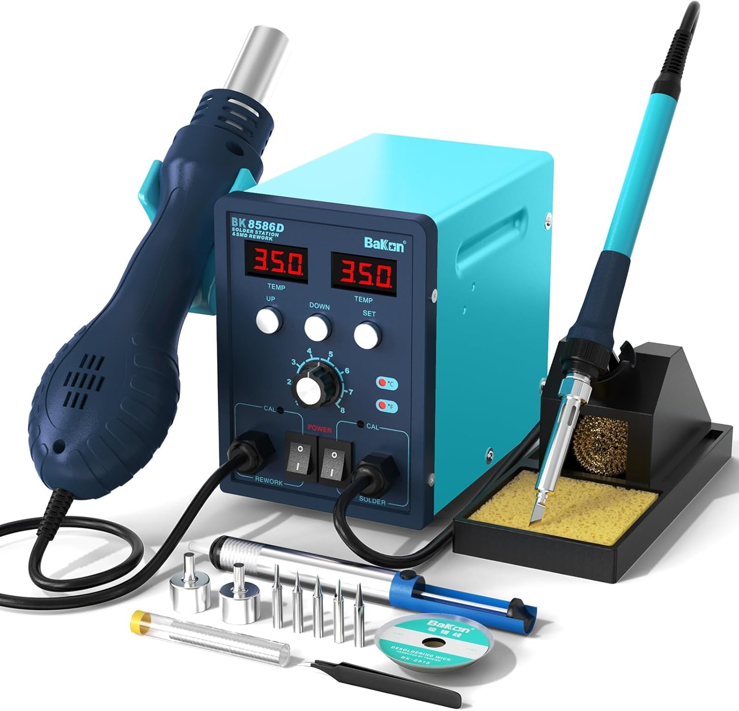 BK8586D Soldering Station 2-in-1 for Hot Air Rework Station, Soldering Station Kit for Electronics, 5 Soldering Tips, 2 Hot Air Nozzles,Tweezers, Solder Sucker