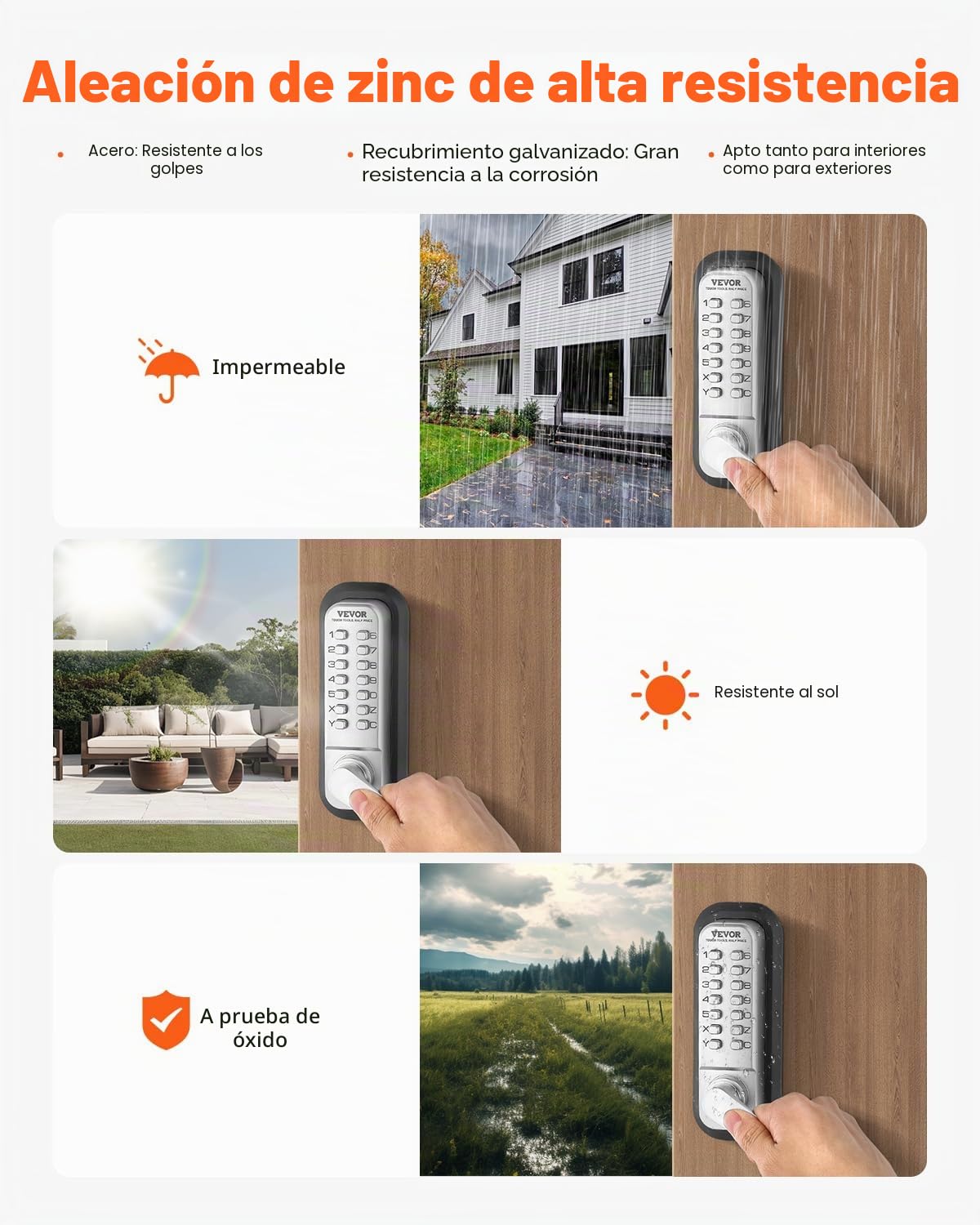 VEVOR Cerradura de Combinación Mecánica con Teclado de Una Cara 14 Teclas, Cerradura de Puerta sin Llave con Manija Adecuado para Puertas de 35 a 65 mm de Grosor para Oficina, Patio, Plateado