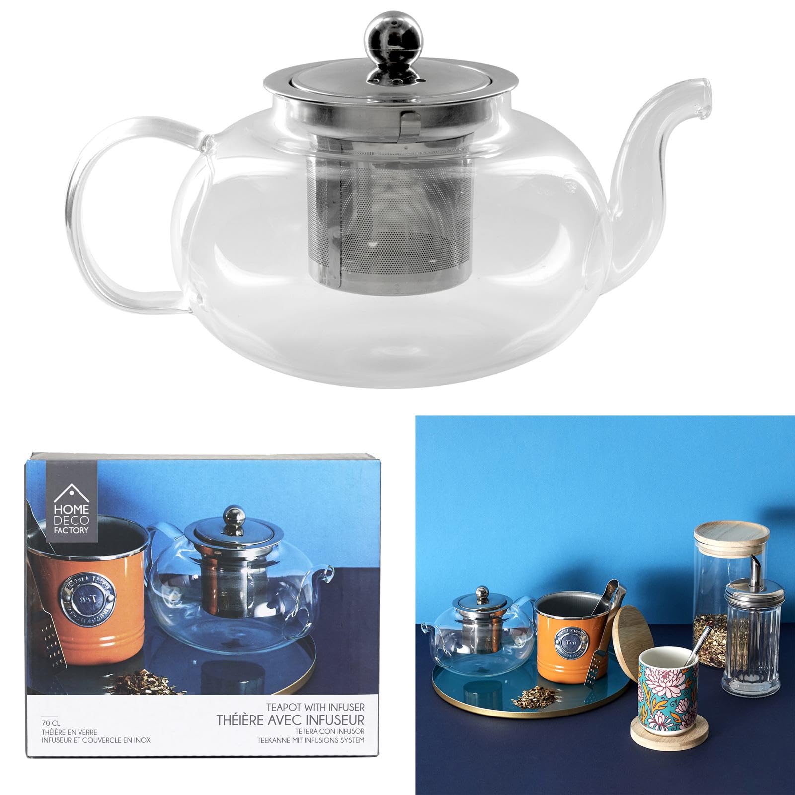 HOME DECO FACTORY - KA4549 Théière En Verre Avec Infuseur En Inox - Conçu Pour Café et Apéritifs - Design Élégant et Moderne - Dimensions 11 x 20 x 13.5 cm - Multicolore
