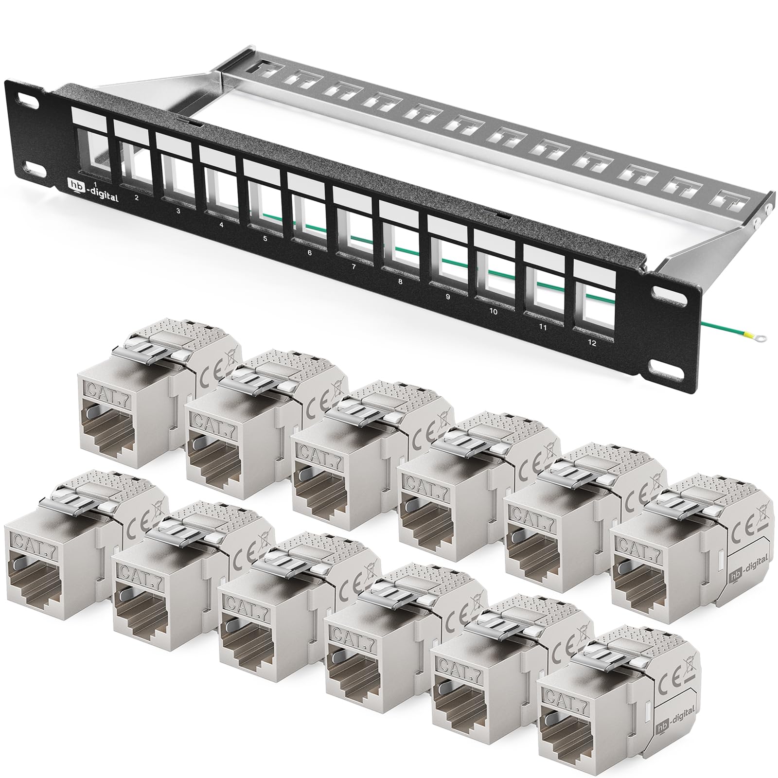 hb-digital Patchpanel 12 Port 1HE Netzwerk Patchfeld mit 12x CAT 7 Keystone Modulen RJ45 Buchsen für Ethernet LAN Kabel 10 Gbit geeignet 10 Zoll Rackmontage für Netzwerkschrank - Schwarz