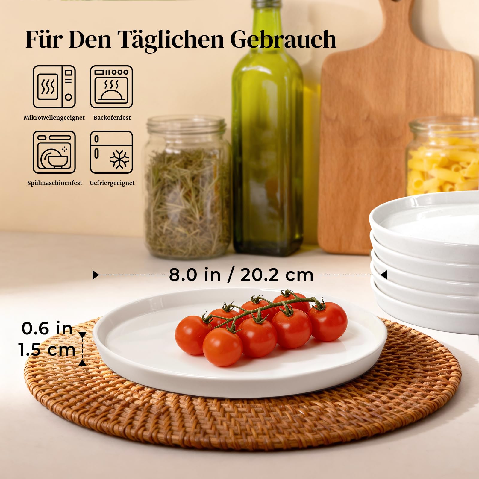 DOWAN Speiseteller 6er Set 20,2 cm, Porzellan Kuchenteller Weiß, Dessertteller & Frühstücksteller, Stapelbar, Kratzfest, Spülmaschinen-, Mikrowellen- & Backofenfest