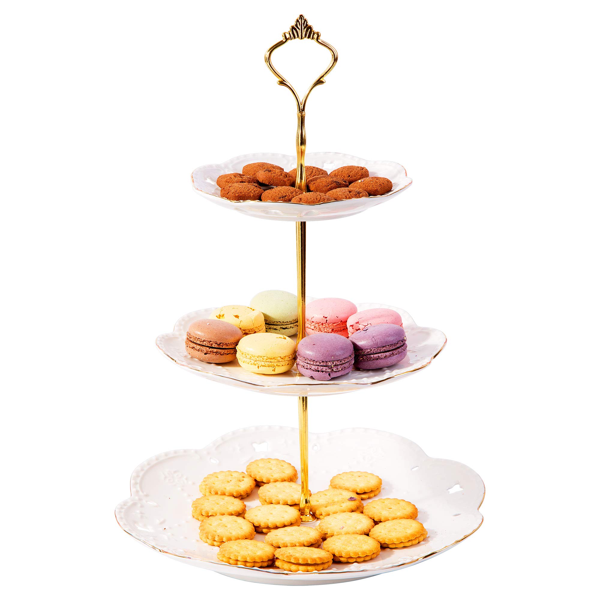 E-ROOM TREND Cupcake Stand Sturdy 3 Tier 10” Ceramic Embossed Pure White Rimmed, Dessert Stand Tower Tree Display Pastry Serving Tray Platter for Wedding Tea Birthday Party (A038)
