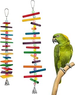 MEWTOGO 2Pcs Bird Toys, Parrots Toys with Bells and Plastic Beads, Colourful Natural Wooden Blocks in 2 Shapes for Cockatoos Cockatiel African Grey Macaws and Amazon Parrots