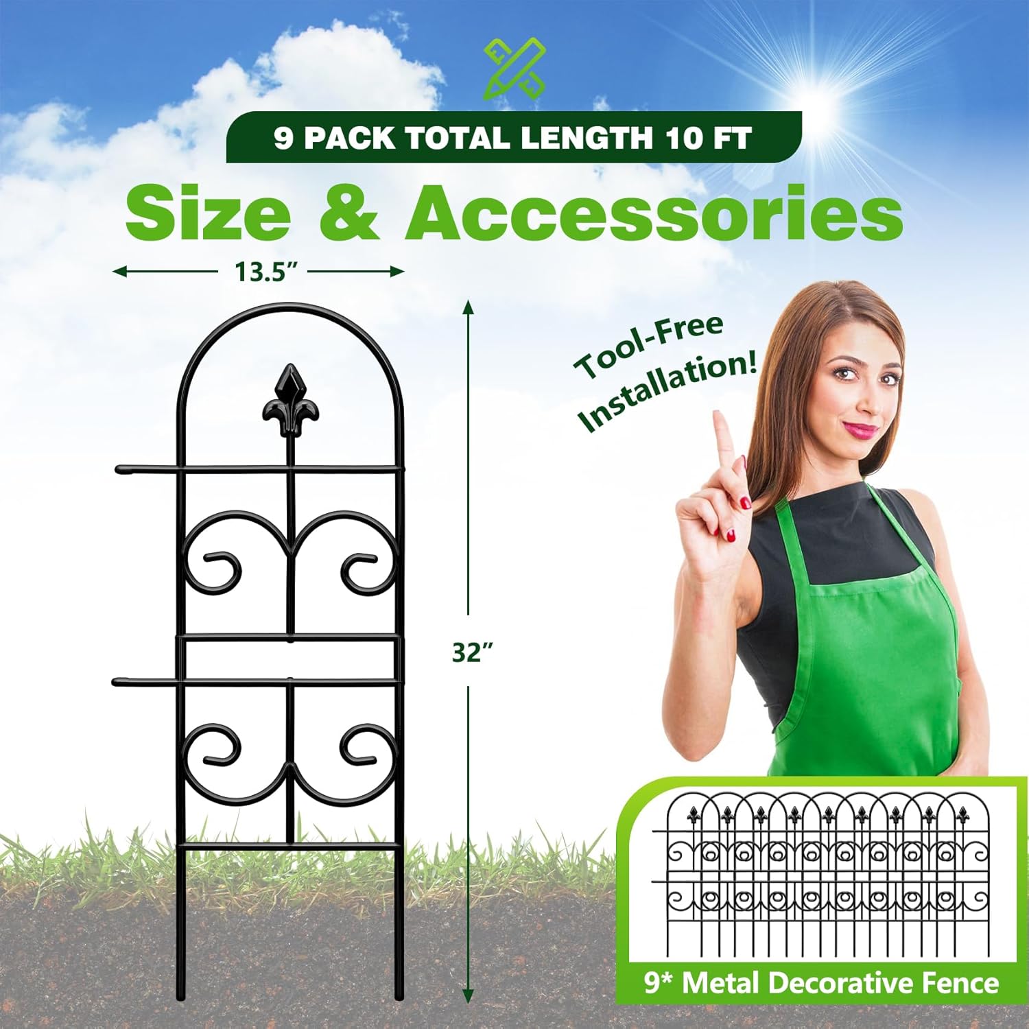 32in(H) x 10ft (L) Tall Decorative Metal Garden Fence Panels - 9 Pack Rustproof No Dig Fence Animal Barrier for Dogs, Outdoor Yard Fencing for Patio Flower Bed Garden & Landscape Border