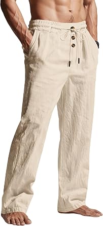 Mens Casual Linen Pants Elastic Waist Drawstring Summer Beach Lightweight Trouser with Pockets