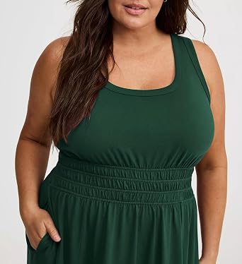 Women Plus Size Summer Midi Dress - Smocked Waist Beach Vacation Sleeveless Dresses with Pockets