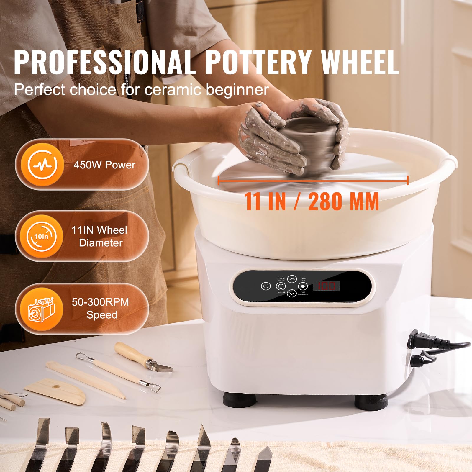Happybuy 11 Inch Pottery Wheel, 450W Electric Ceramic Wheel with Foot Pedal & LCD Touch Screen, Direct Drive DIY Pottery Forming Machine, White