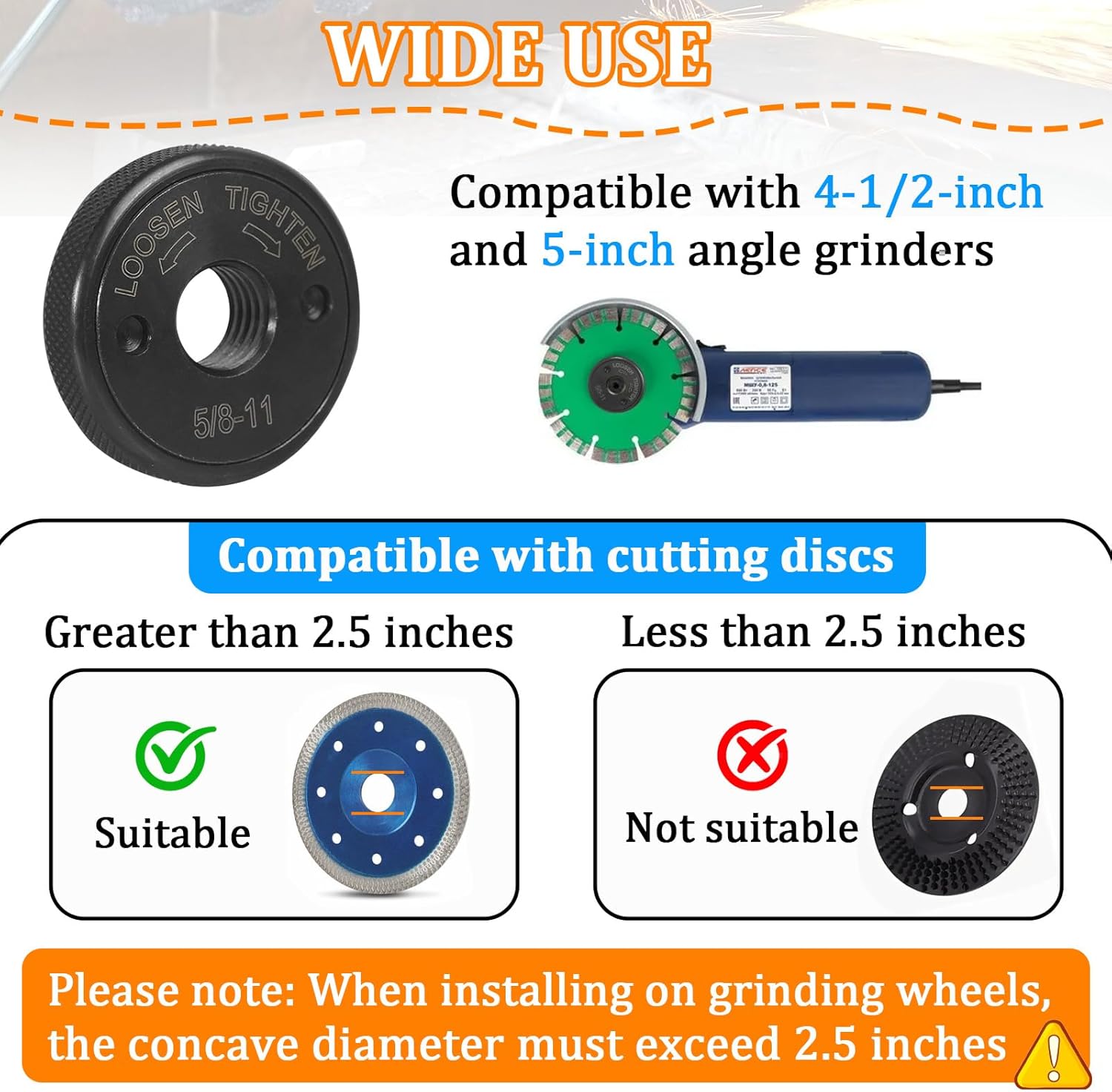2 Pcs 5/8-11 Thread Angle Grinder Flange Nut for 4.5" and 5" Angle Grinder, Quick Release Locking Nut(Black),No Wrench Required