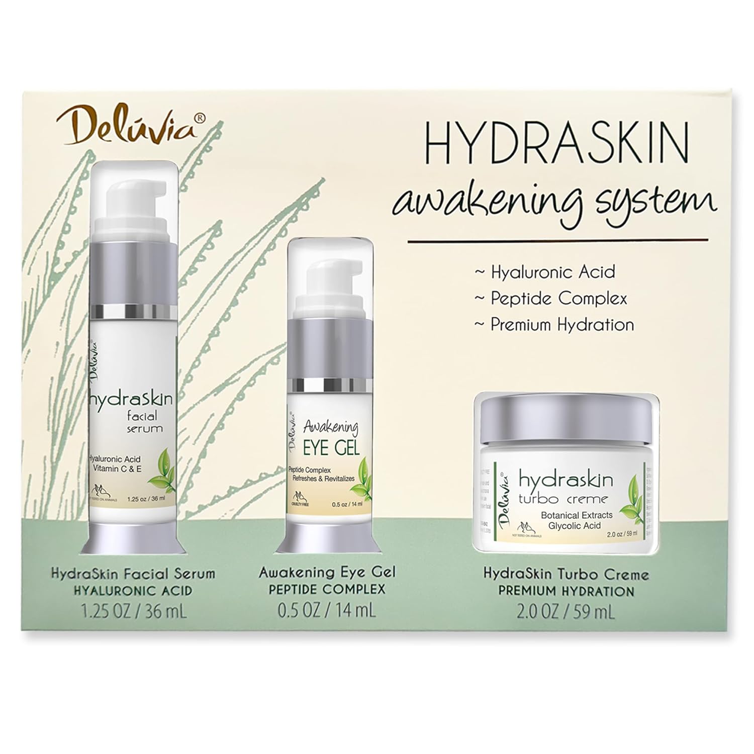 Deluvia HydraSkin Awakening System,Skin Care Set, Eye Gel, Facial Serum, Night Cream with Botanical Hyaluronic Acid, AHA, Vitamin C Serum, Organic Aloe Vera, Vitamin E and Essential Oils.