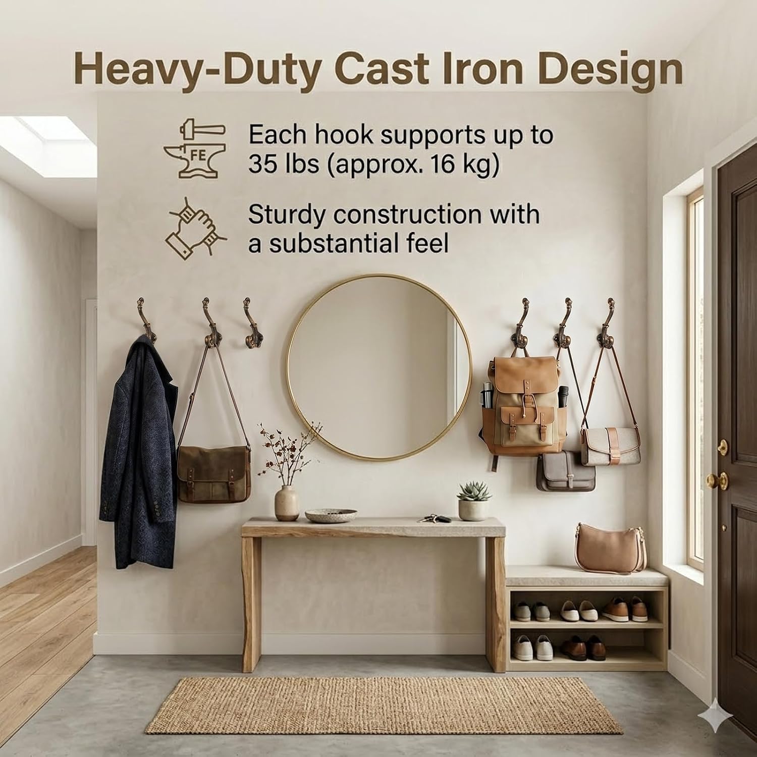 Chumia 6 Pack Rustic Cast Iron Wall Hooks Antique Brass Vintage Coat Hooks Heavy Duty Rustic Wall Mount Hook 35 Lbs Capacity Rust Resistant Farmhouse Hanger for Entryway Bathroom Indoor Outdoor